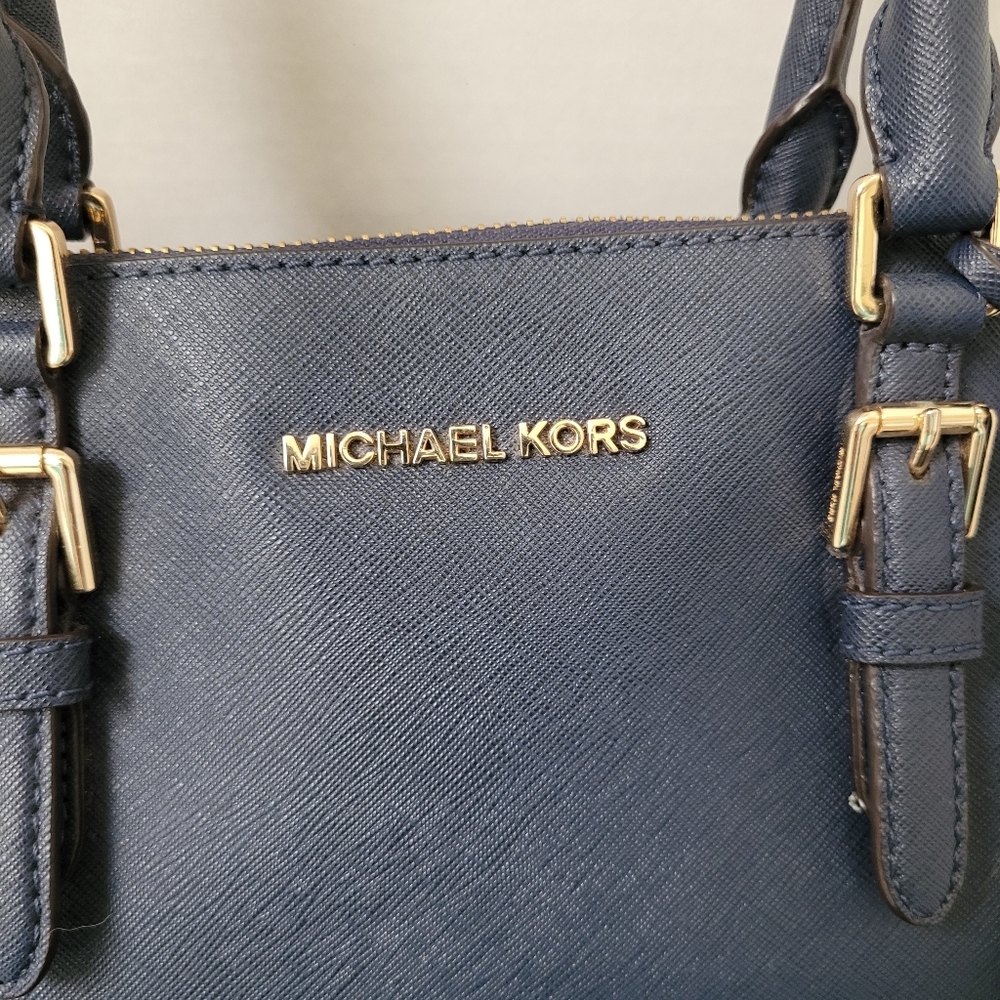 Michael Kors Navy Blue Ciara Satchel Bag With Brown Crossbody Strap - Picture 2 of 15